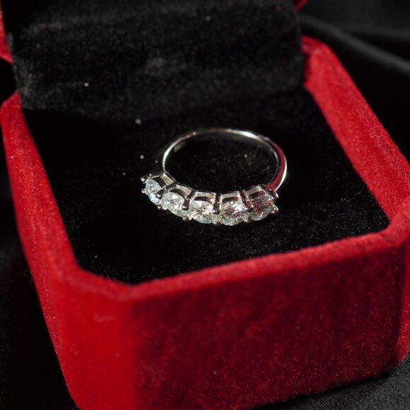 Rhodium Plated Sterling Silver Ring with 5 Light Blue Moissanite Stones - Picture 12 of 16